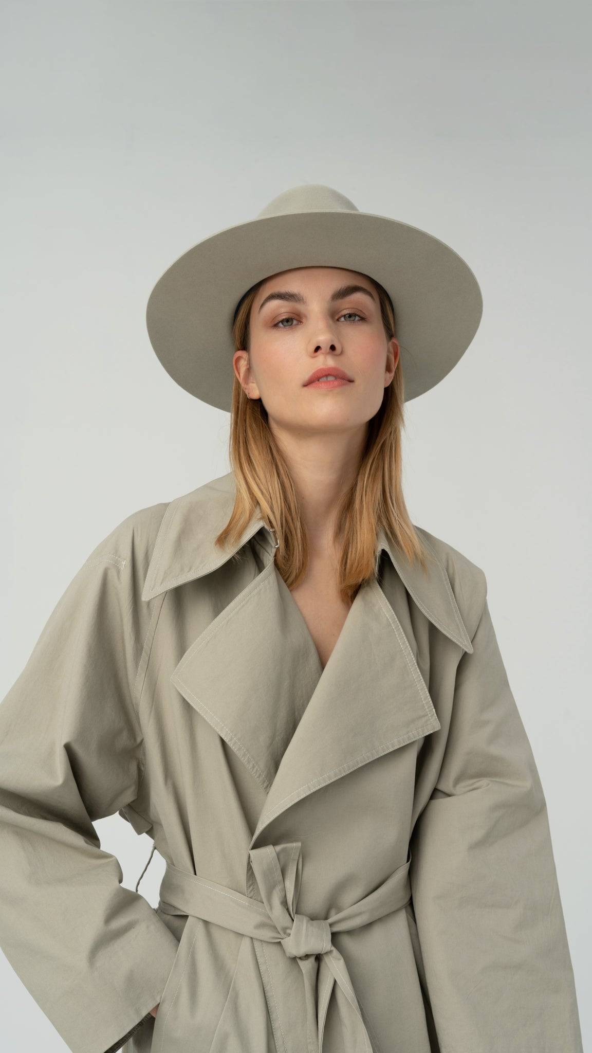 Monogram-embellished fedora hat in silver belly rabbit fur felt with a suede finish, styled with a grey Petersham ribbon and Borisetti Heart Monogram.