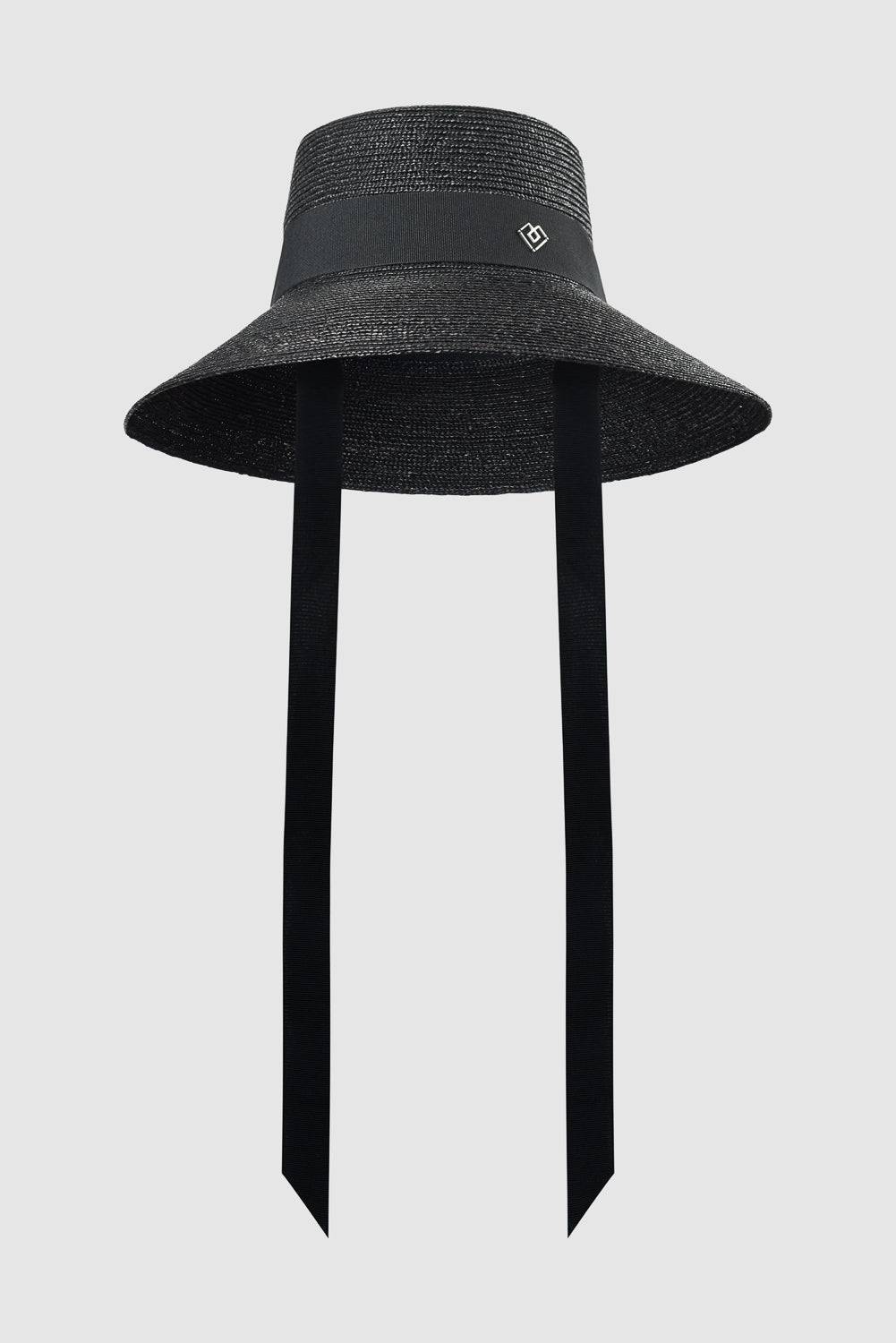 Neck tie wide brimmed black straw hat
