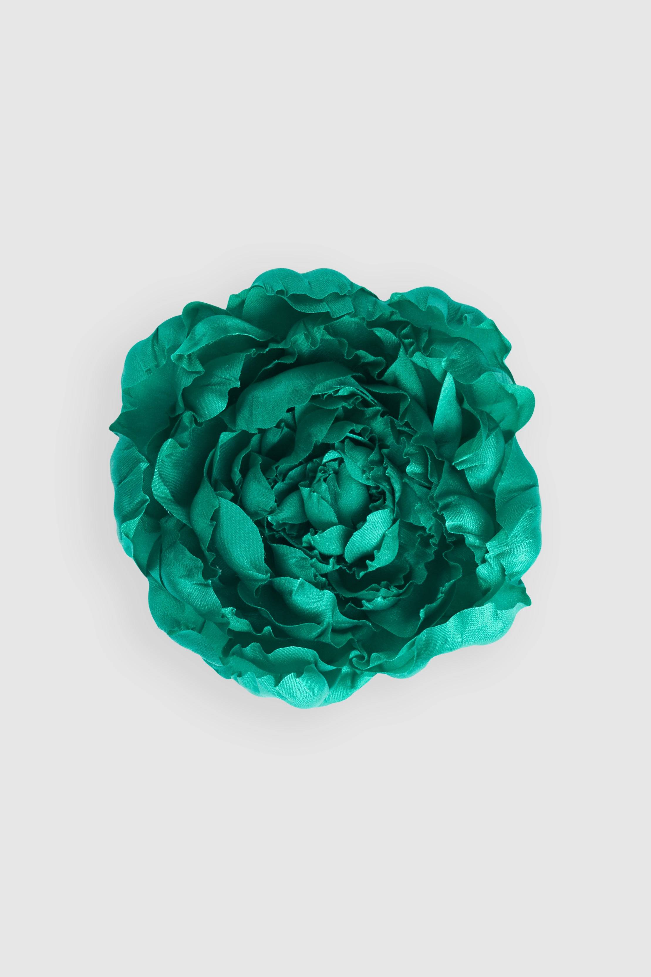 Silk Peony Brooch in vibrant green, handcrafted with delicate silk petals for an elegant floral accessory. Perfect for enhancing any outfit with sophistication.
