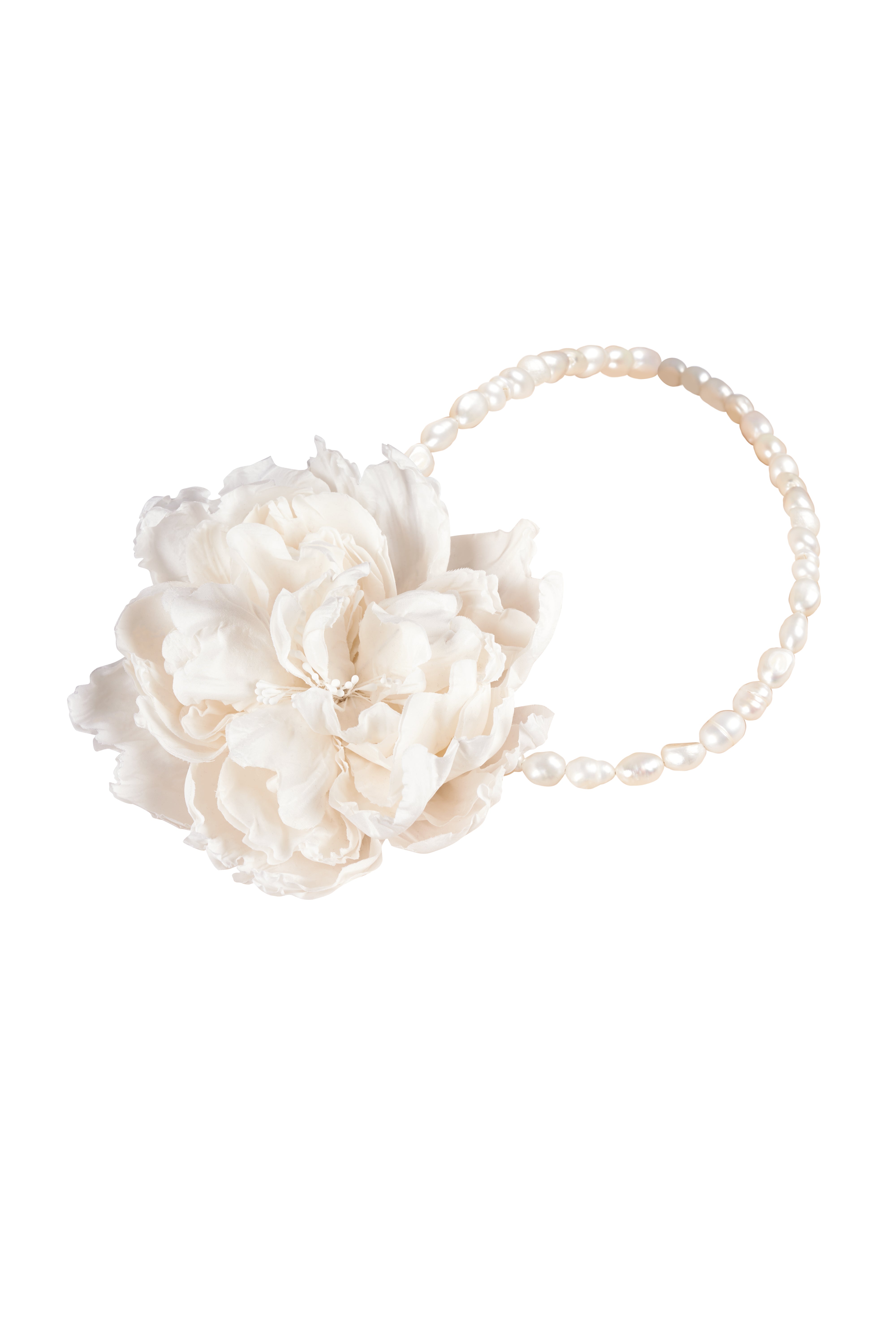 Bridal silk peony brooch with pearl necklace, handcrafted for weddings. Elegant white floral design with lustrous pearls, perfect for special occasions.