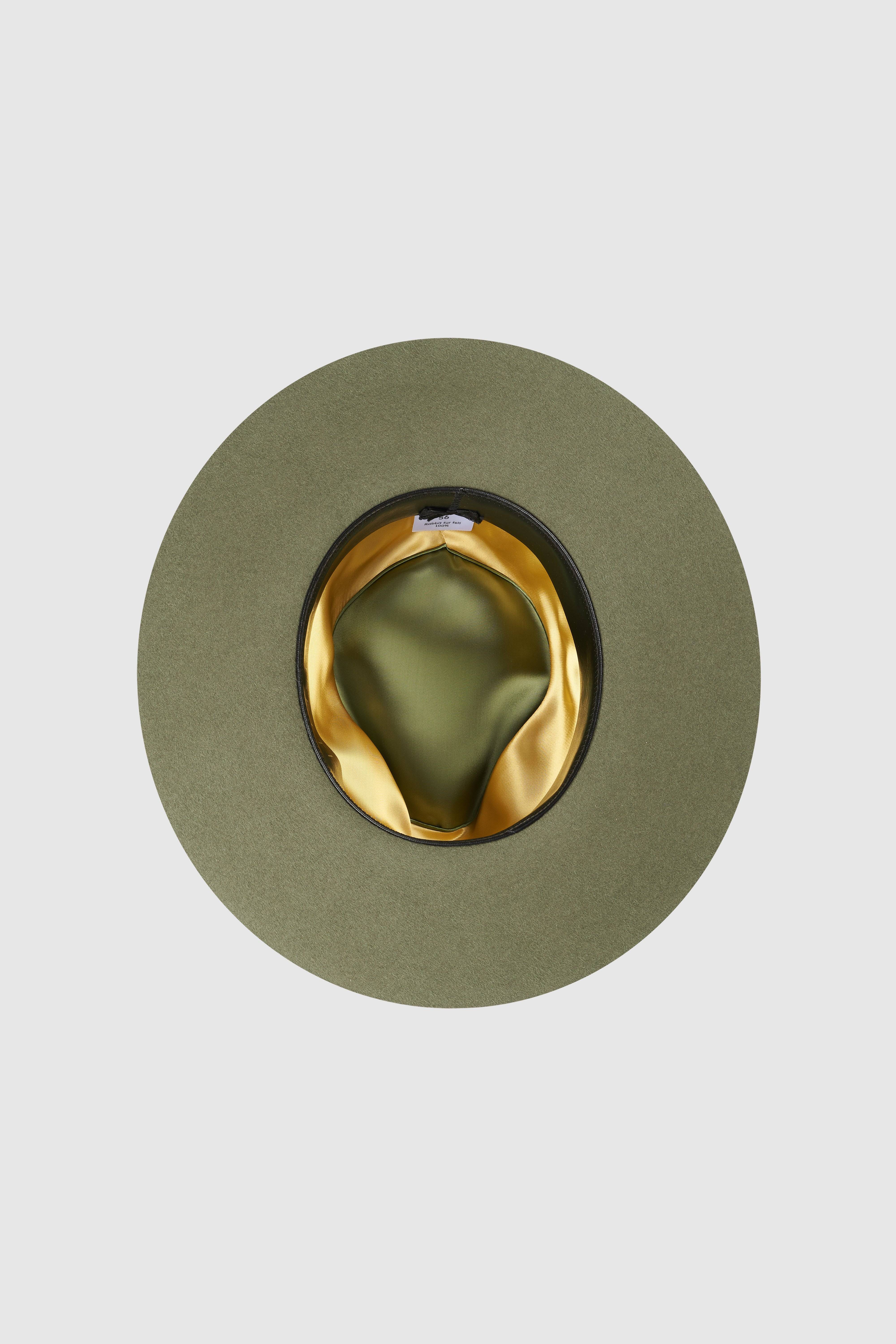 Interior view of the Borisetti military fedora hat, showcasing a luxurious gold satin lining. A premium handcrafted hat with elegant details.