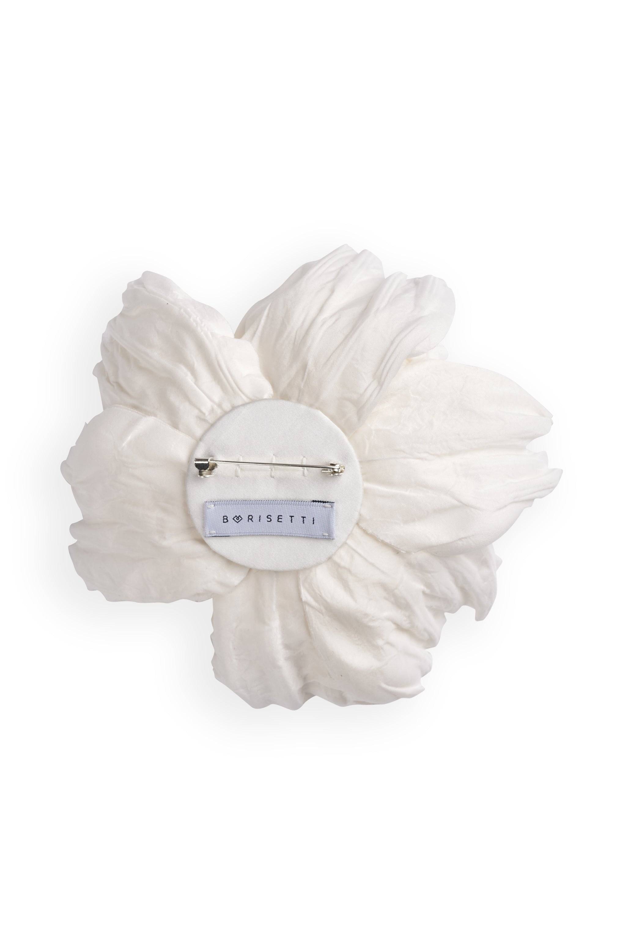 Back view of silk peony brooch with secure pin fastening. Features Borisetti designer label, ensuring quality craftsmanship for bridal accessories.