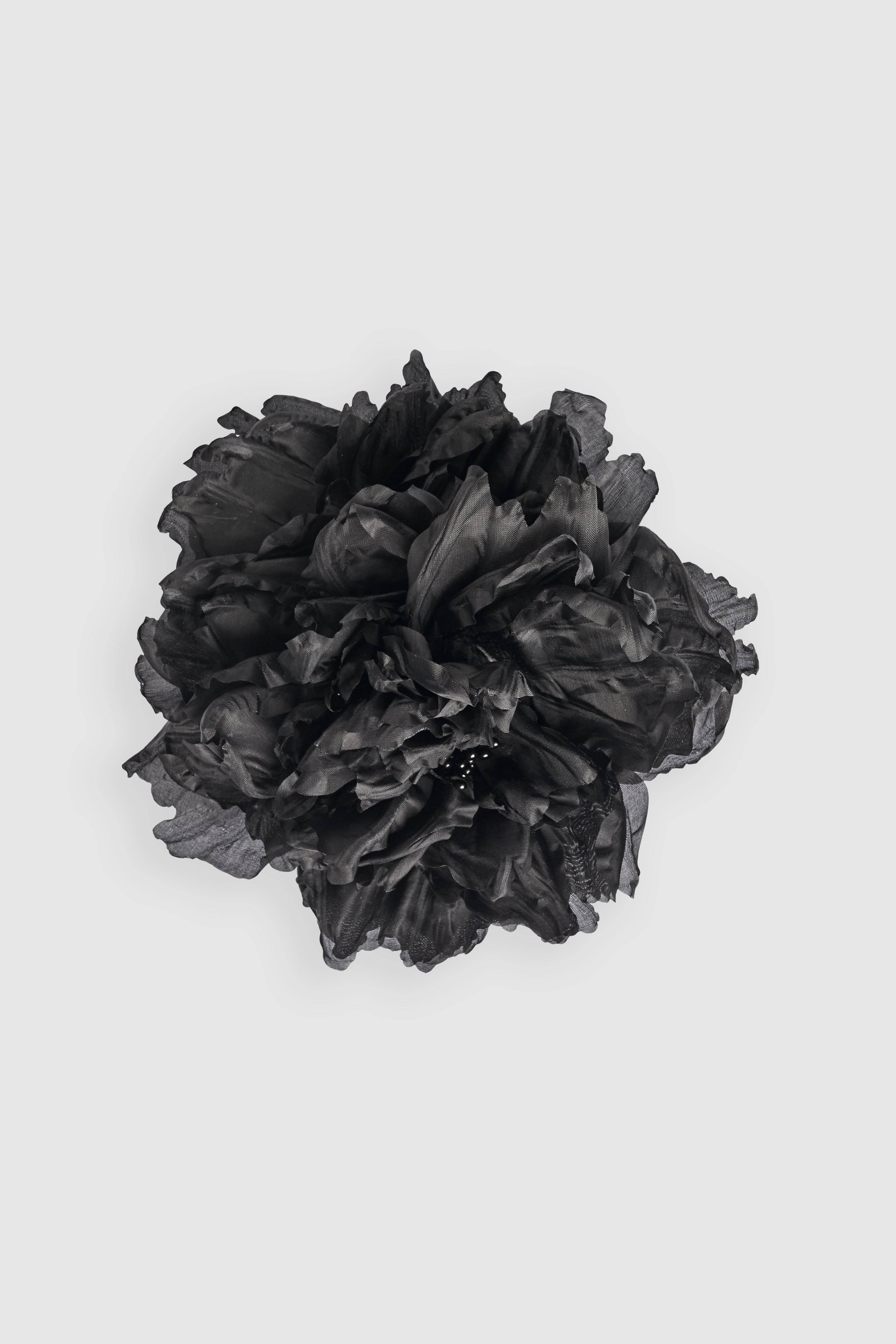 Handcrafted black silk peony brooch with intricate petal details. A versatile Borisetti designer accessory, perfect as a statement floral brooch.