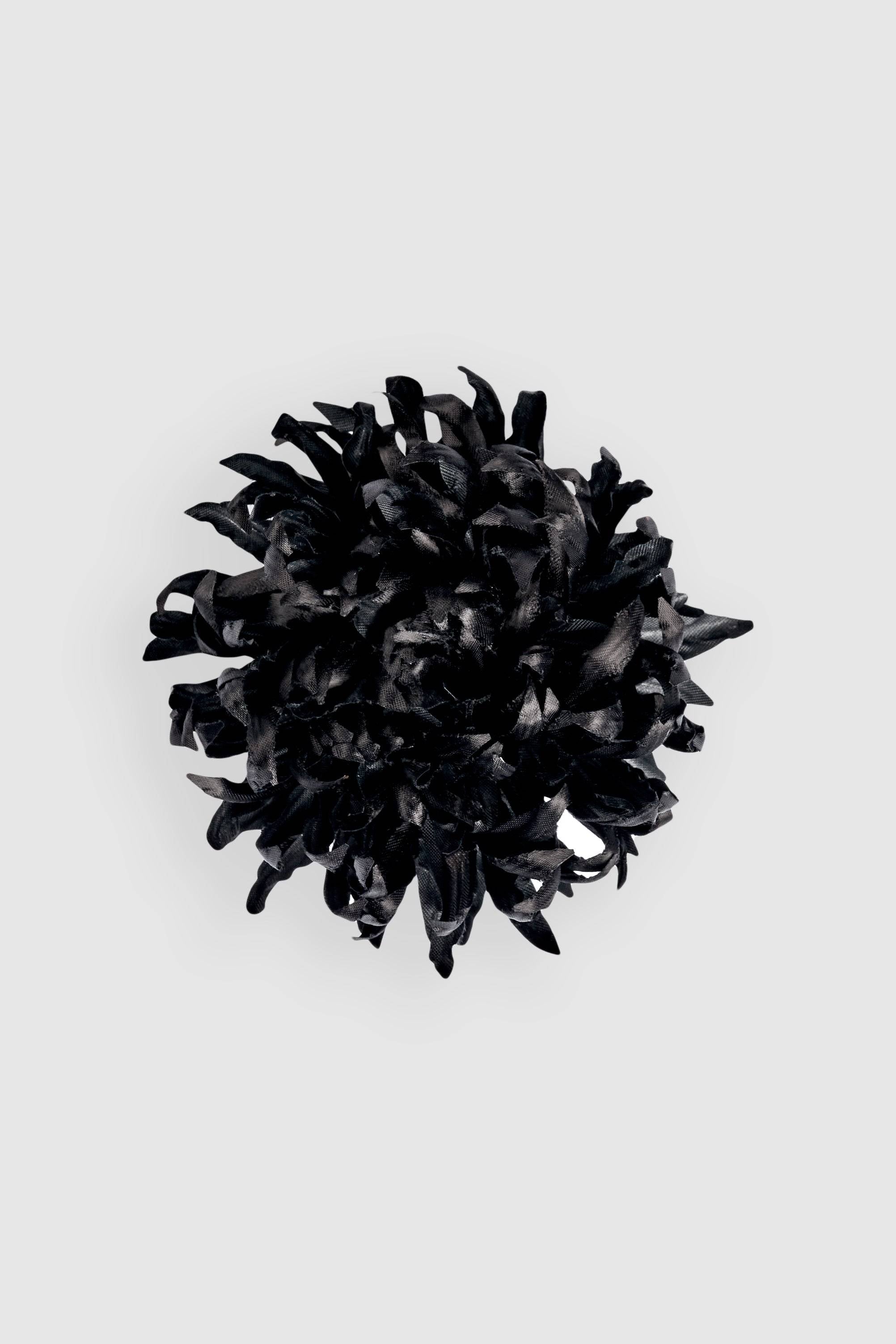 Silk black Chrysanthemum flower brooch with layered petals, handcrafted for an elegant statement accessory. Perfect for lapels, coats, or dresses.