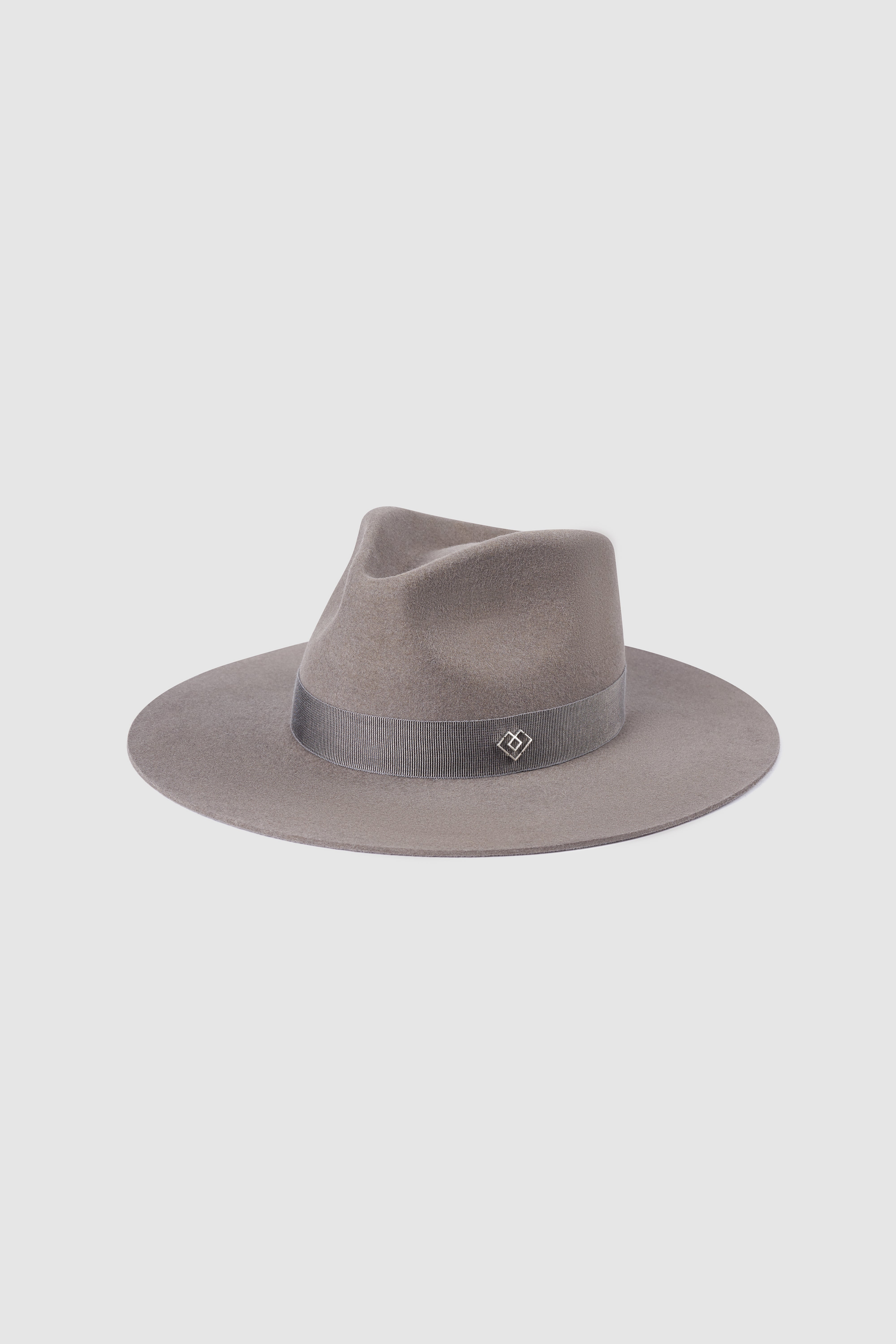Monogram grey fedora hat with a structured brim and ribbon accent. Made from 100% rabbit fur felt for a refined and elegant style. Order today.