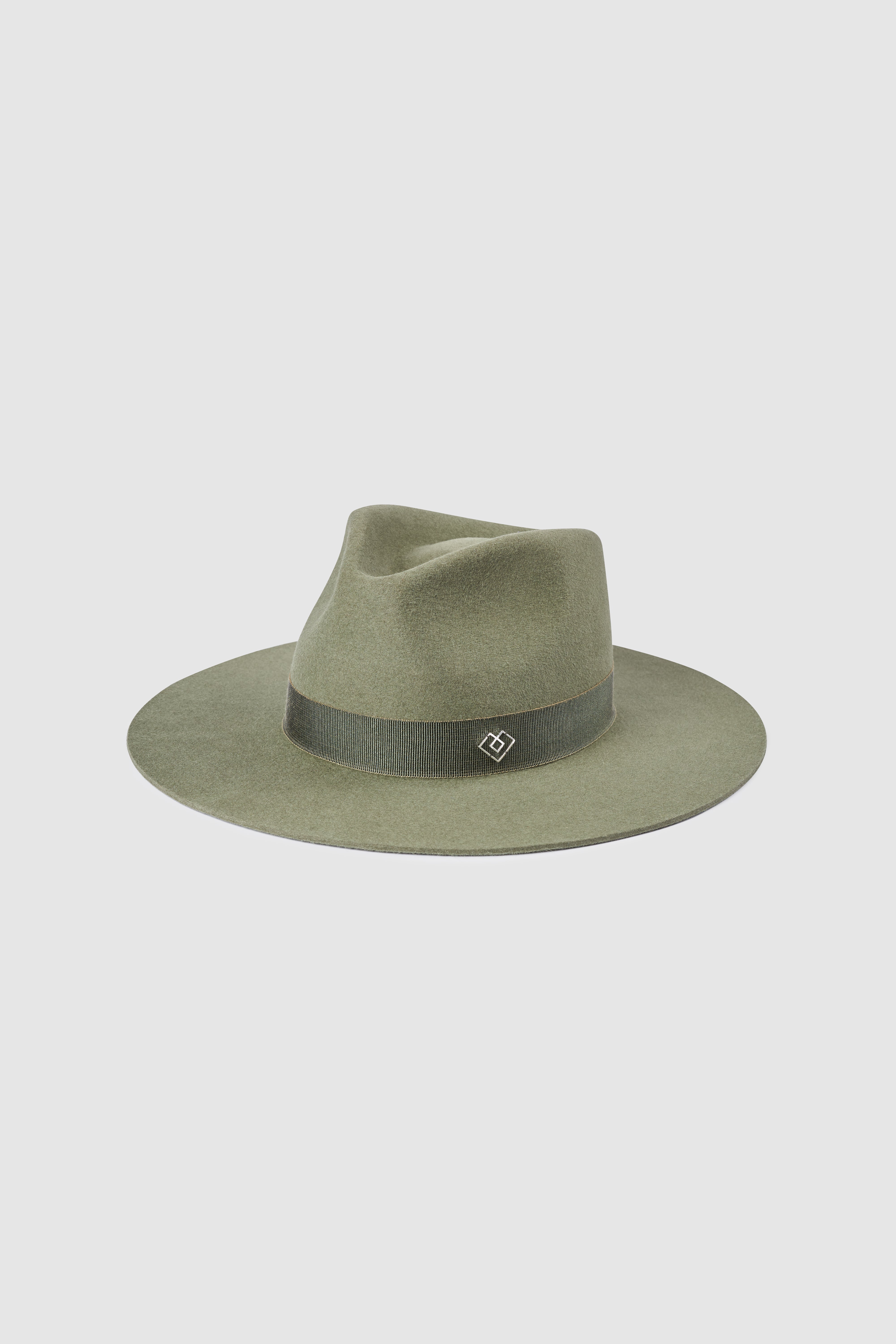 Borisetti military fedora hat in khaki, featuring a structured brim and petersham ribbon. A handcrafted accessory made from rabbit fur felt.