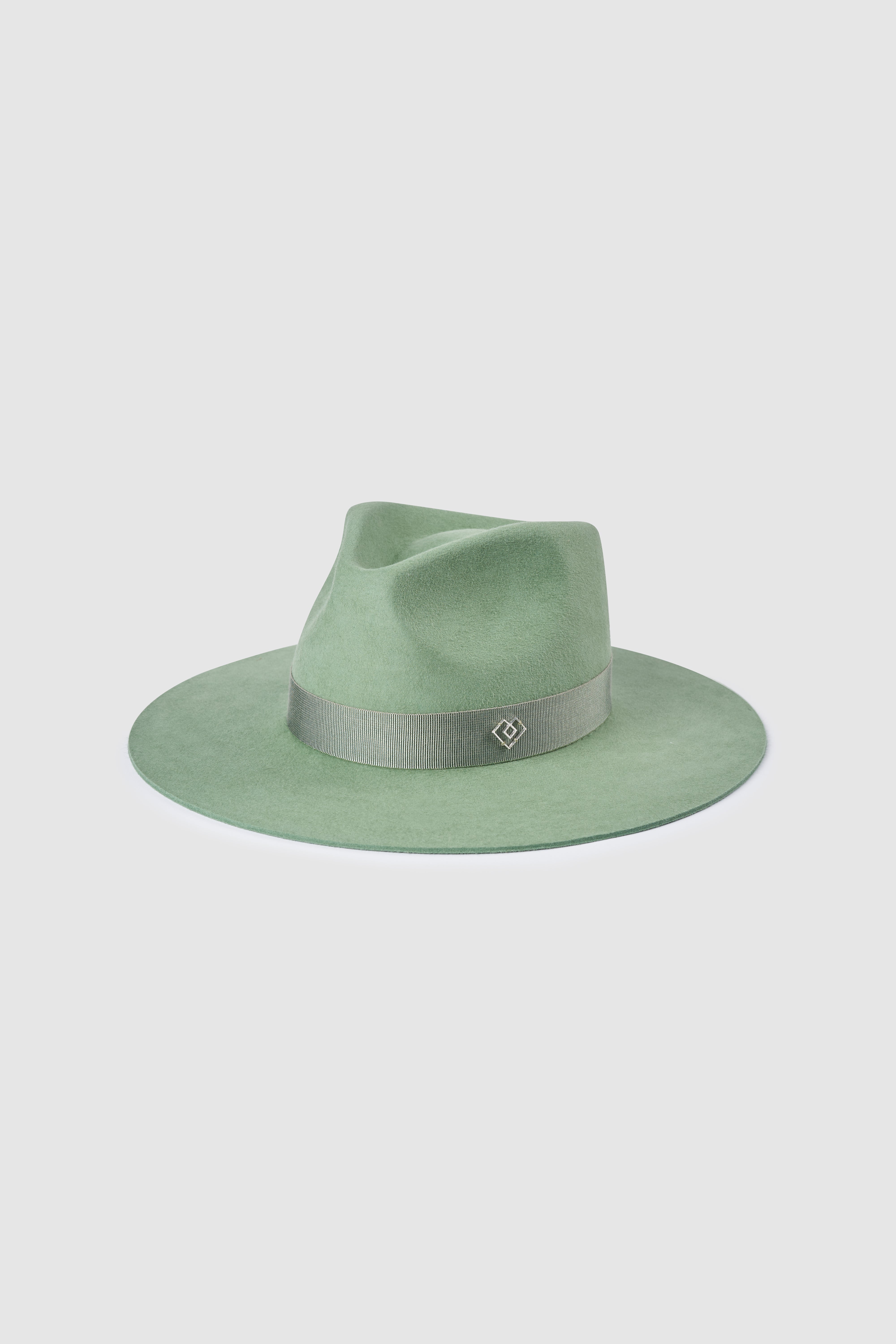 Borisetti green fedora hat with ribbon and monogram. A handcrafted rabbit fur felt fedora with a structured brim for a timeless look.