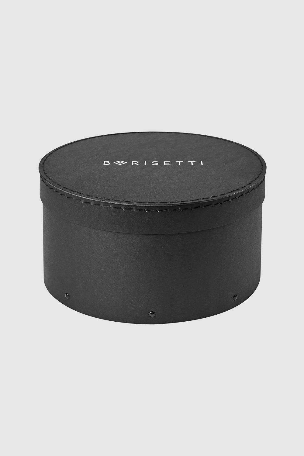 Elegant black Borisetti hat box, designed for storing and protecting the Black Denim Bucket Hat. A stylish and durable packaging solution.