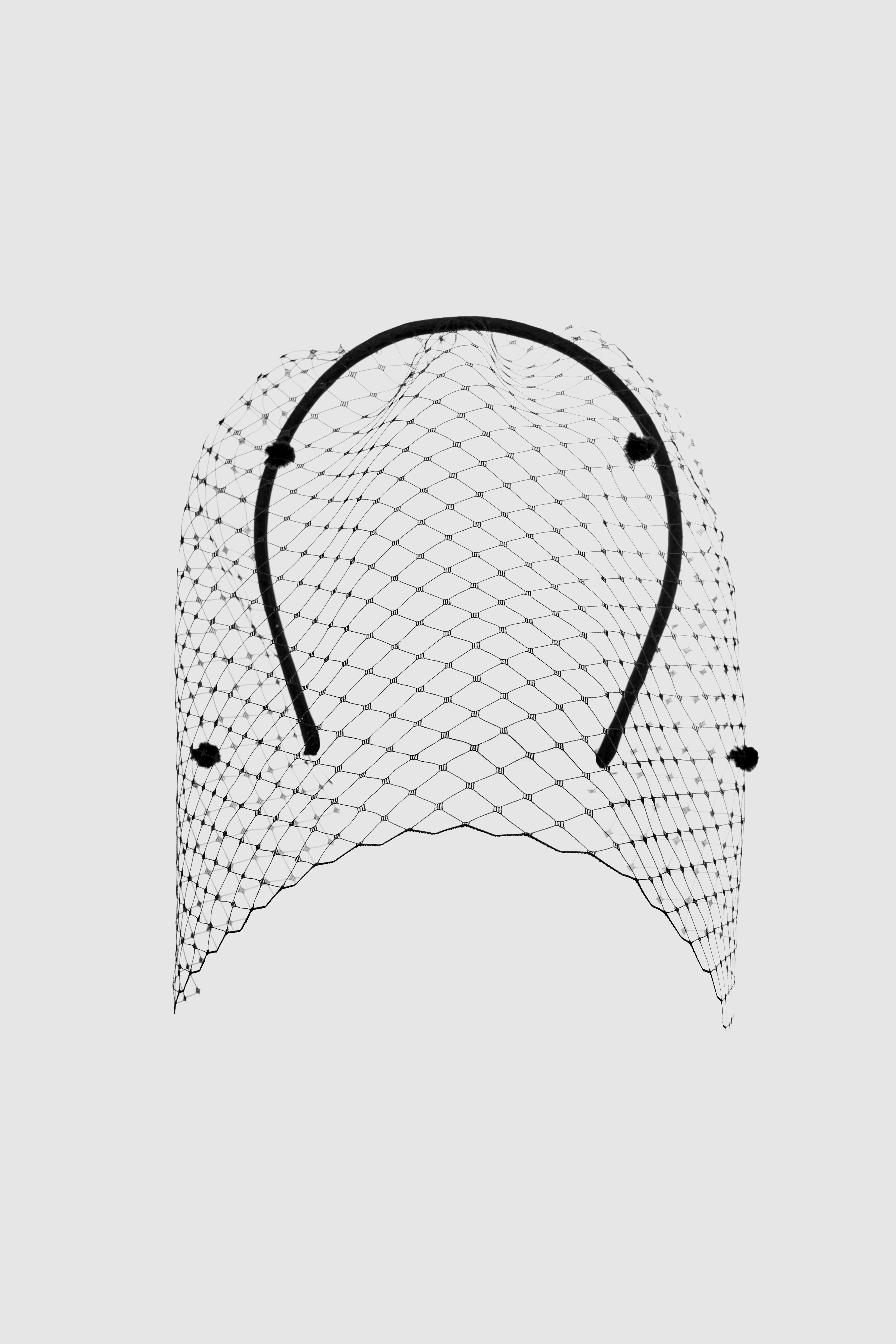 Black veil-detail satin silk headband featuring a delicate netted veil with small embellishments. A refined handcrafted bridal accessory.