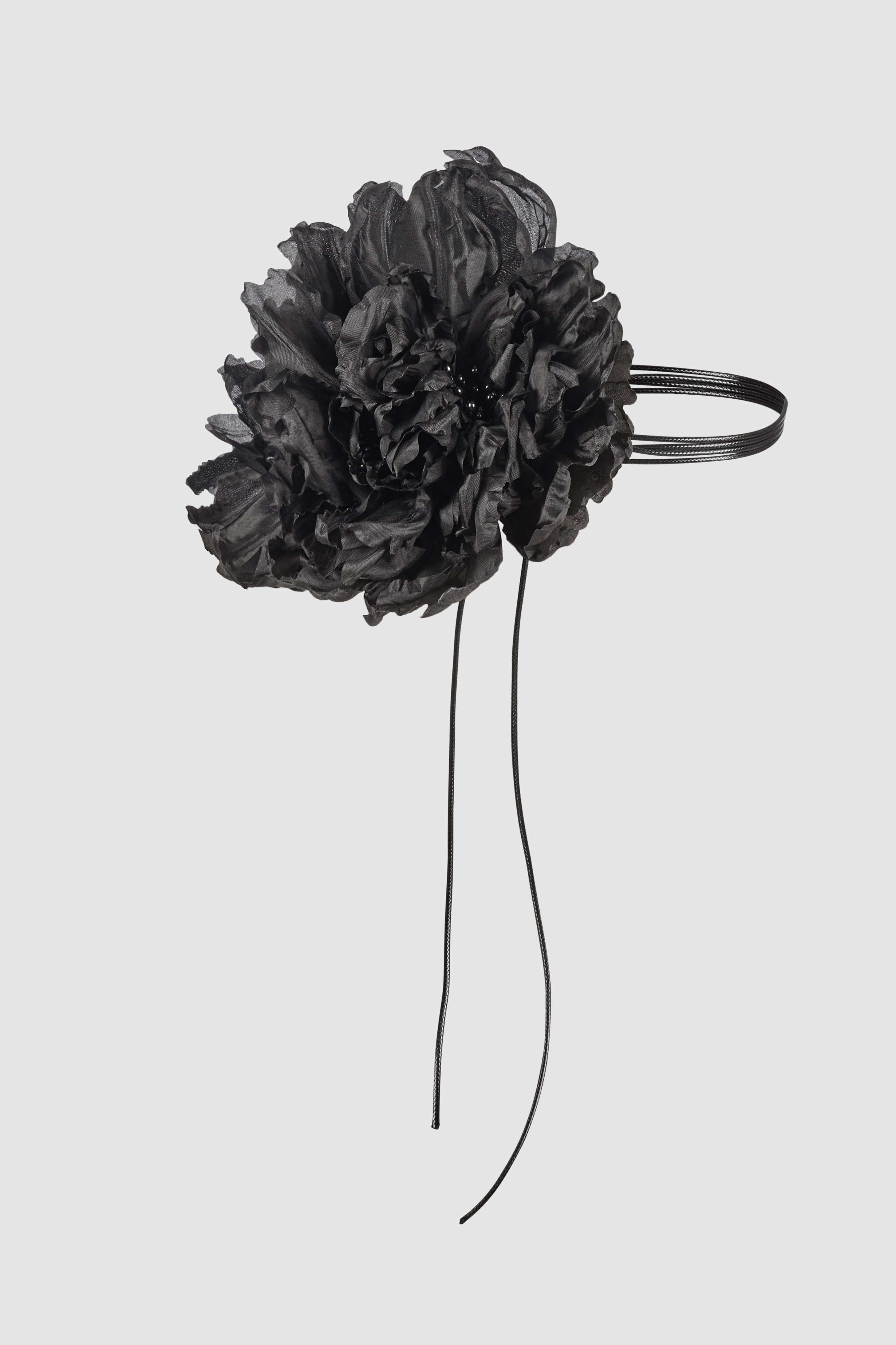 Elegant black silk peony brooch choker with delicate ribbons. Handcrafted floral accessory by Borisetti, wearable as a bold choker or brooch.