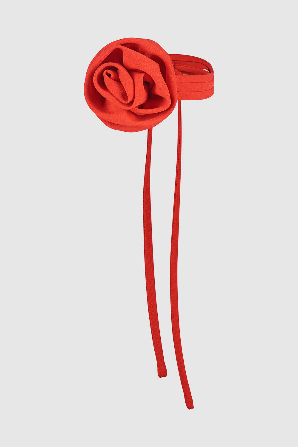 Shop Red Rose Silk Choker, a handcrafted statement necklace featuring an elegant red silk flower. Perfect for bridal and evening wear, now 10% off.