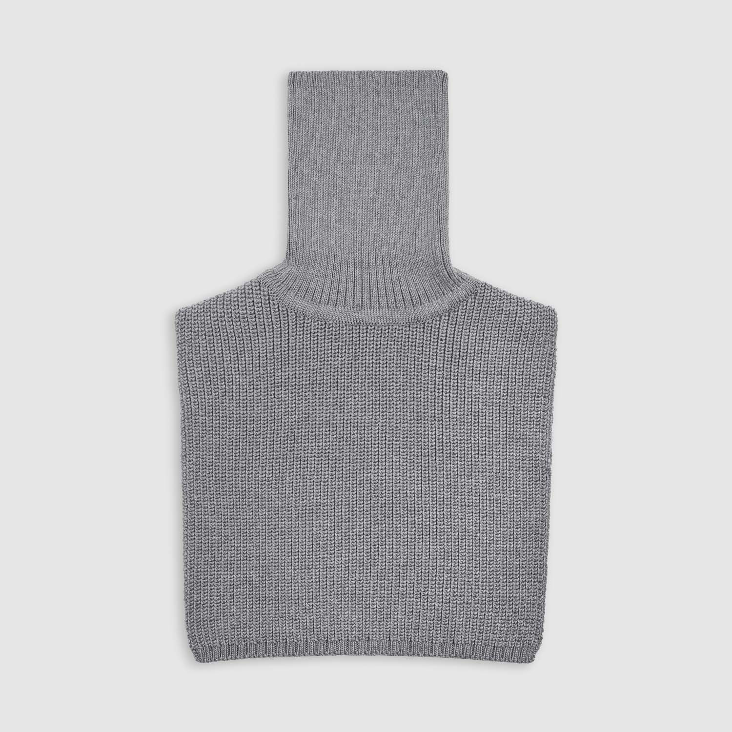Dark grey knitted balaclava laid flat, highlighting its two-piece design. Made from breathable Merino wool for comfort and warmth.