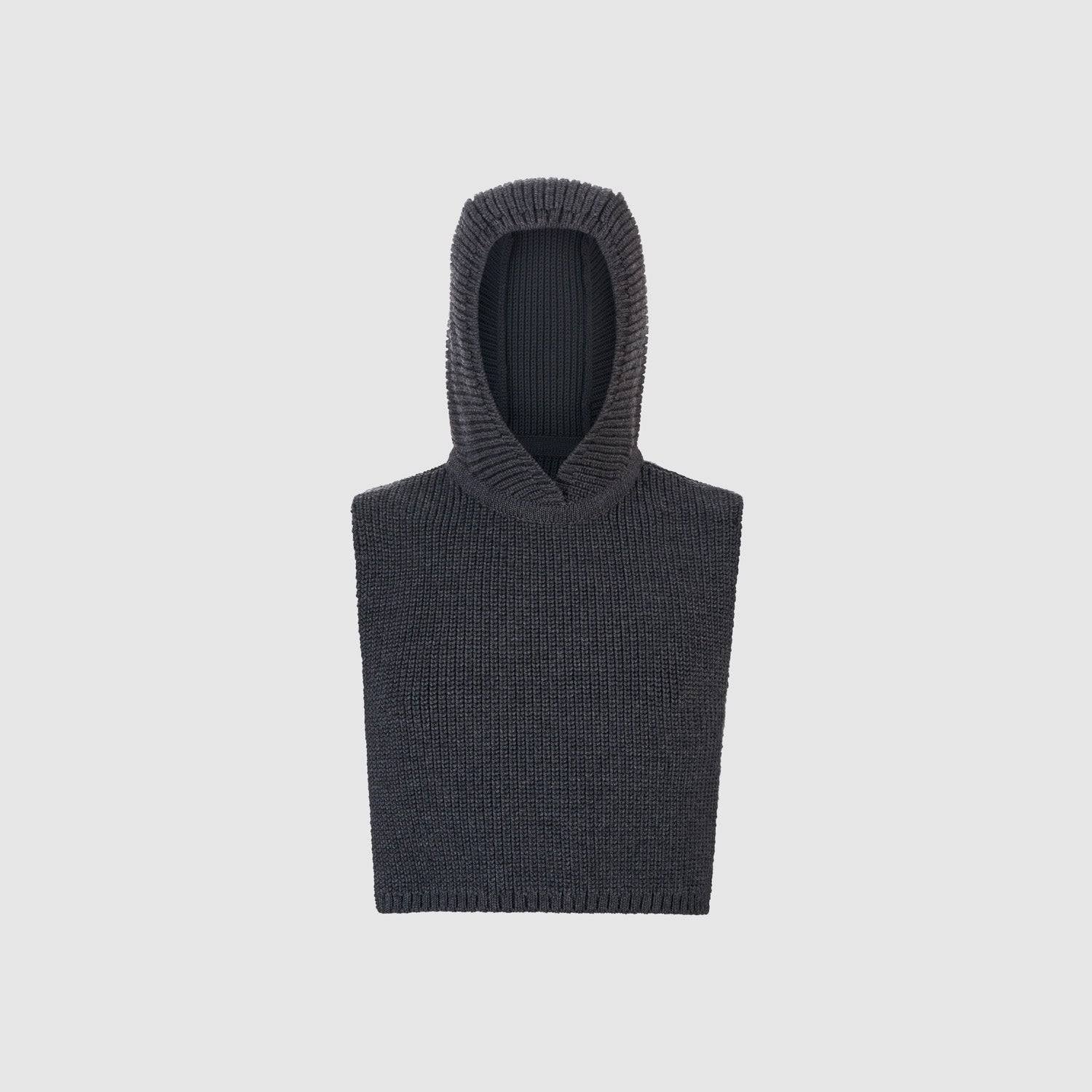 Two-piece Merino wool balaclava in dark grey with a ribbed knit design. Handmade in Lithuania, offering warmth and versatility for cold weather.
