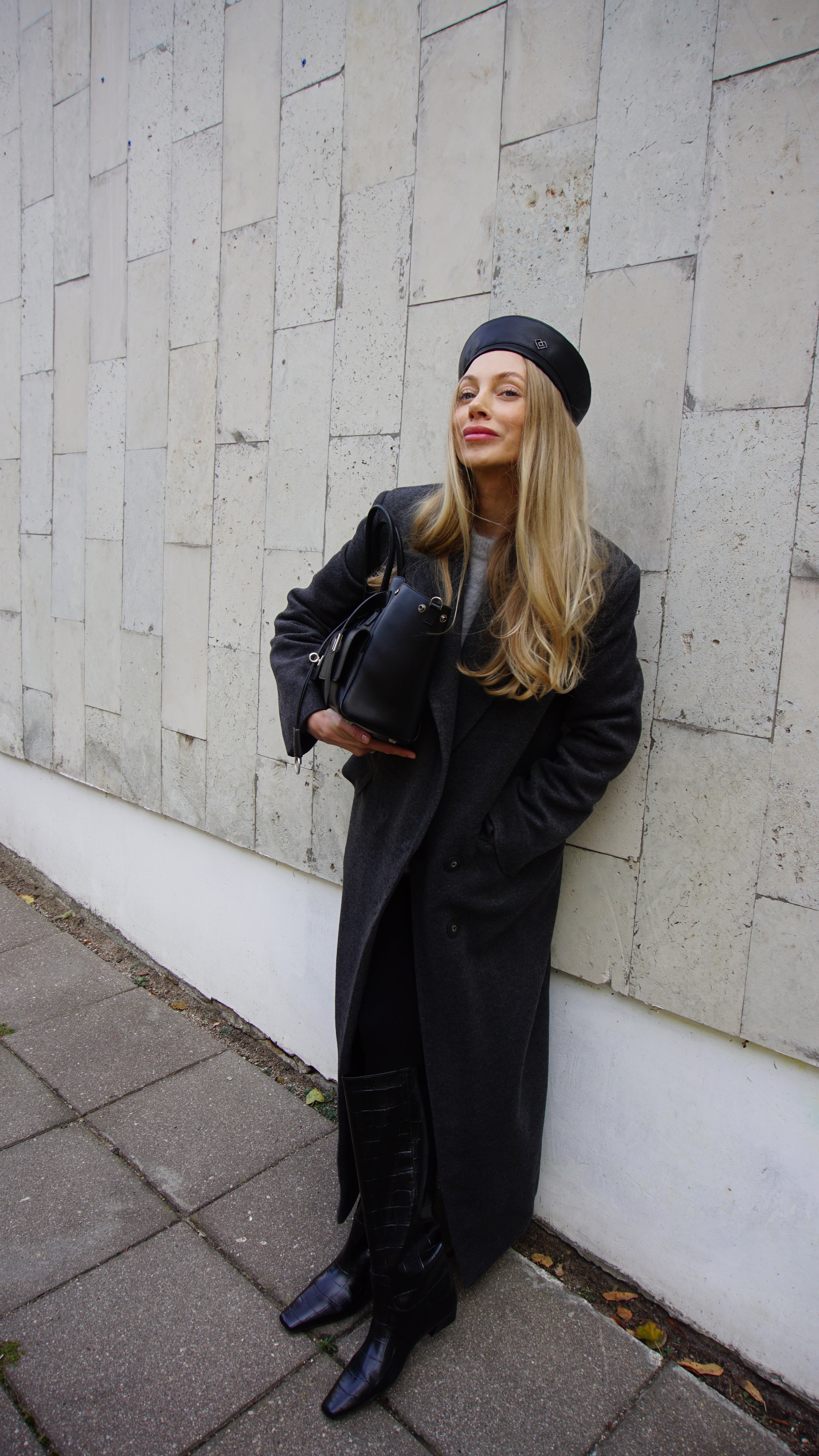 Black faux leather beret