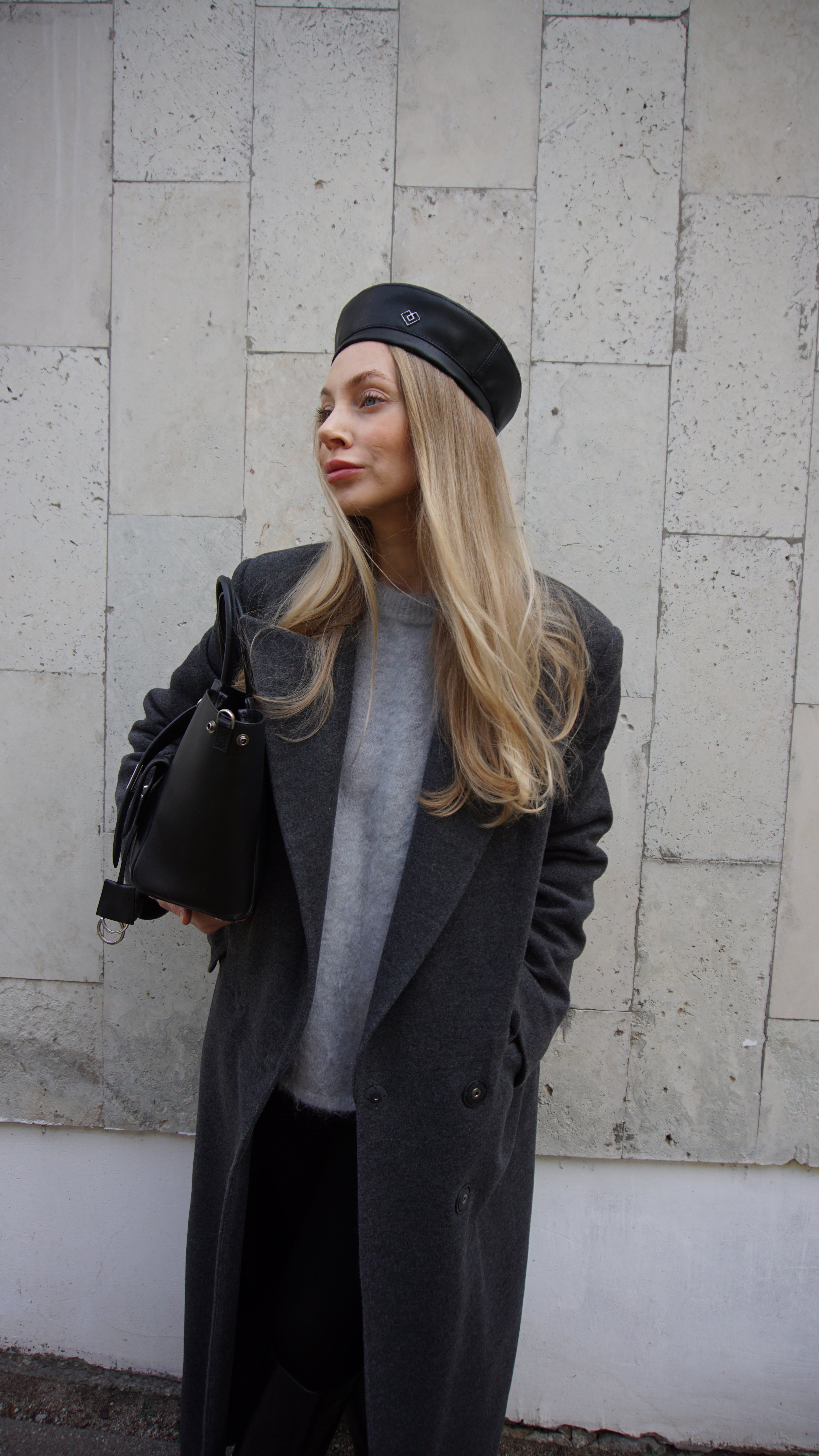 Black faux leather beret