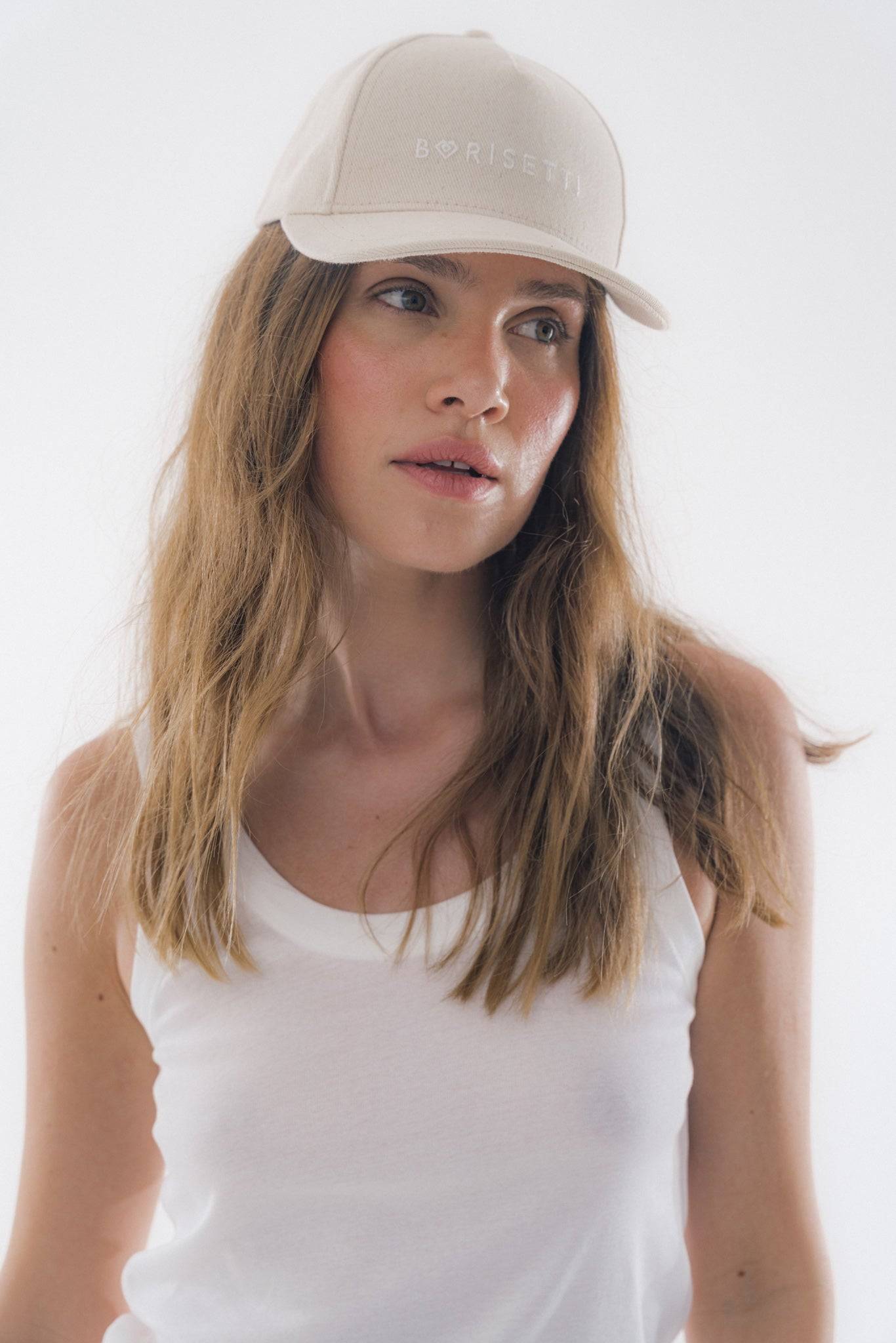 Handcrafted Borisetti Denim Baseball Cap in light beige with an embroidered logo, perfect for everyday fashion and summer styling.