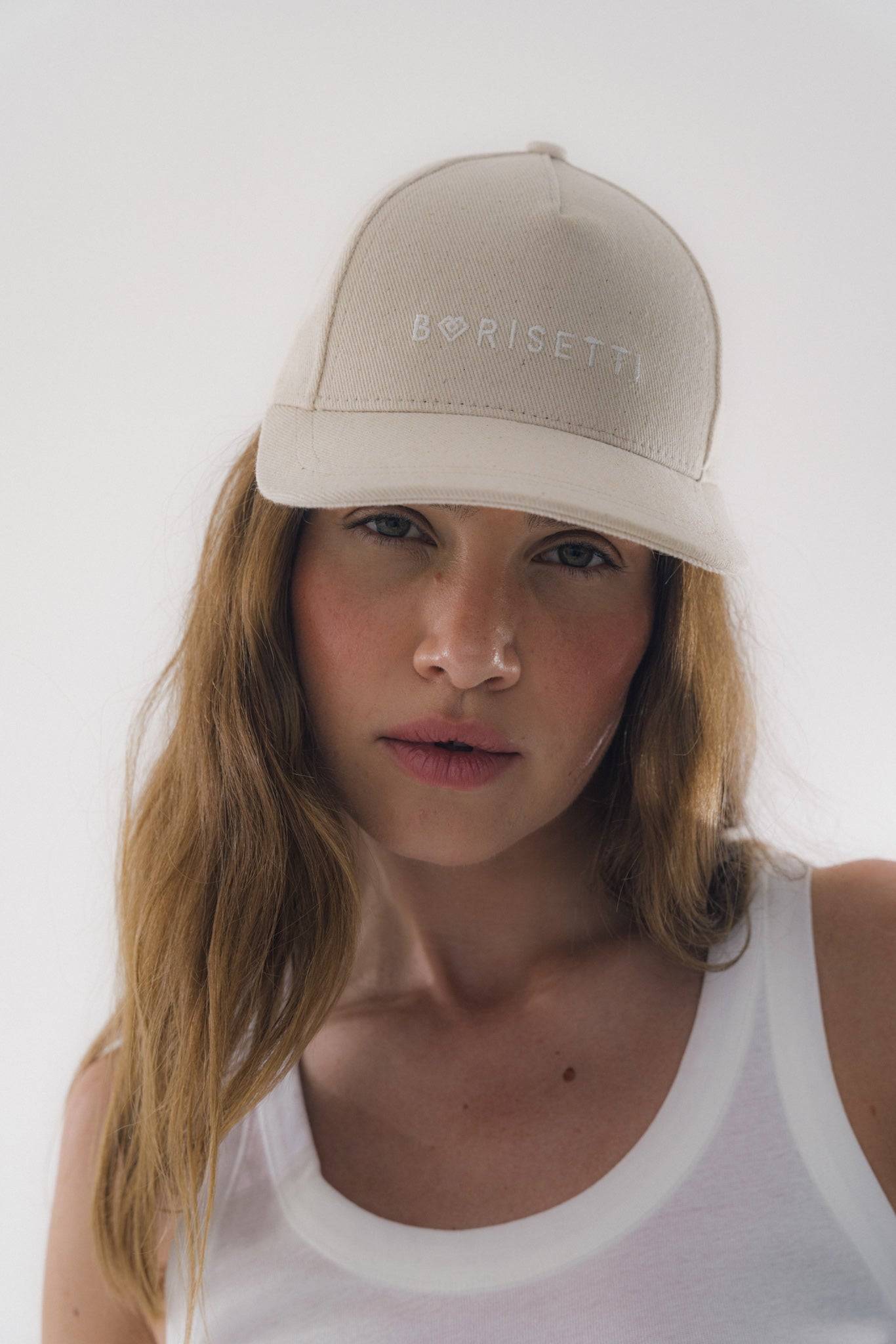 Borisetti Denim Baseball Cap in light beige with an embroidered logo, a versatile and stylish accessory for casual and travel-friendly outfits.