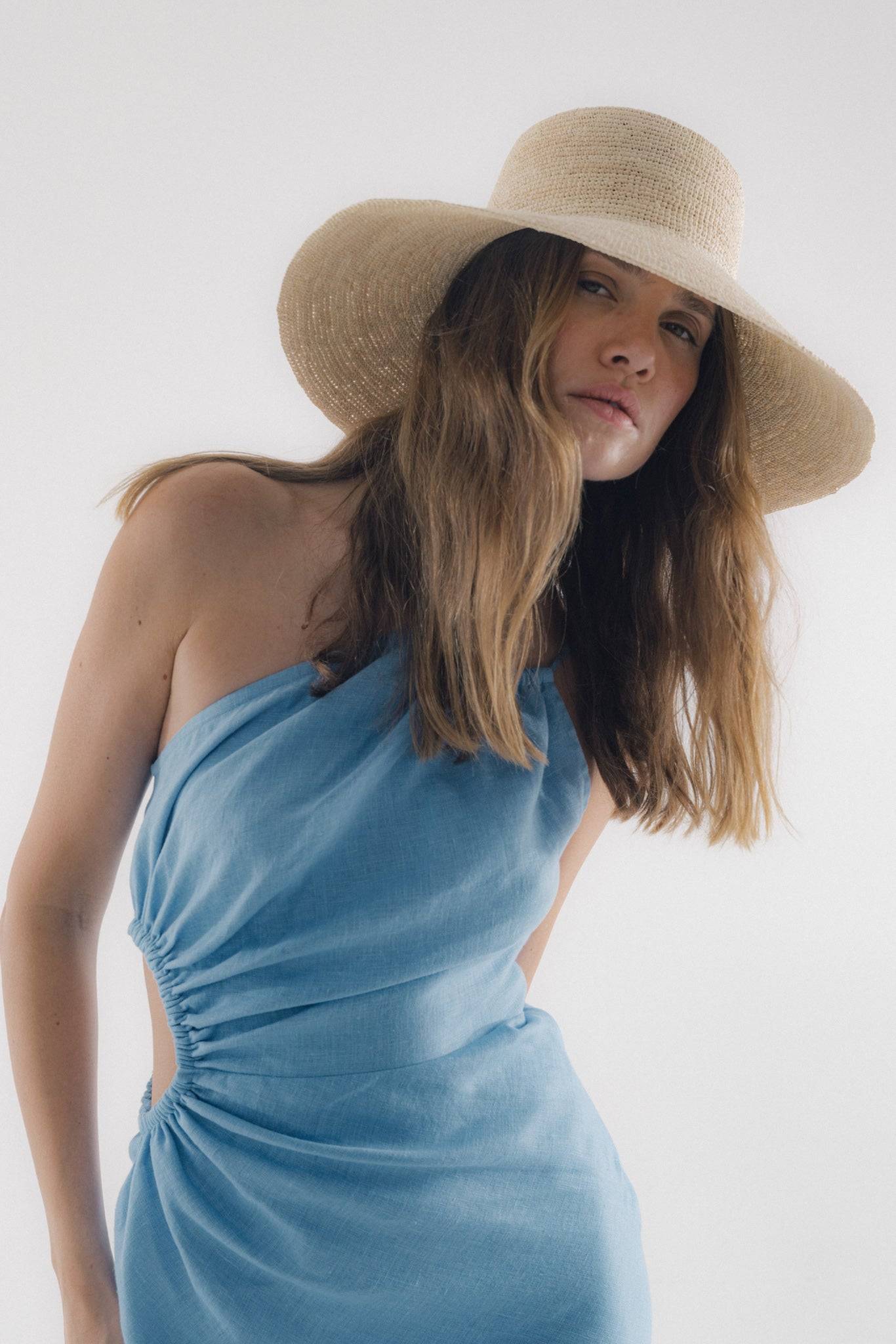 Wide brimmed straw crochet hat