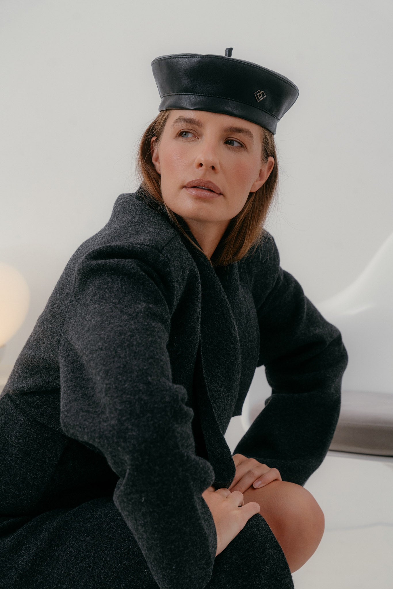 Black faux leather beret