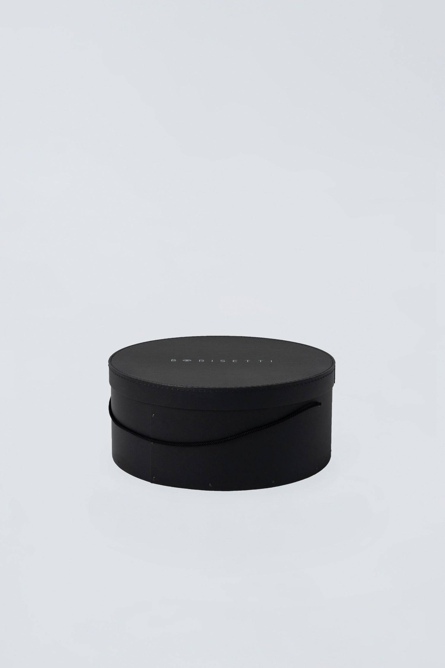 Borisetti luxury hat box in black with an elegant, durable design. Perfect for stylish hat storage, premium packaging, and protective millinery care.