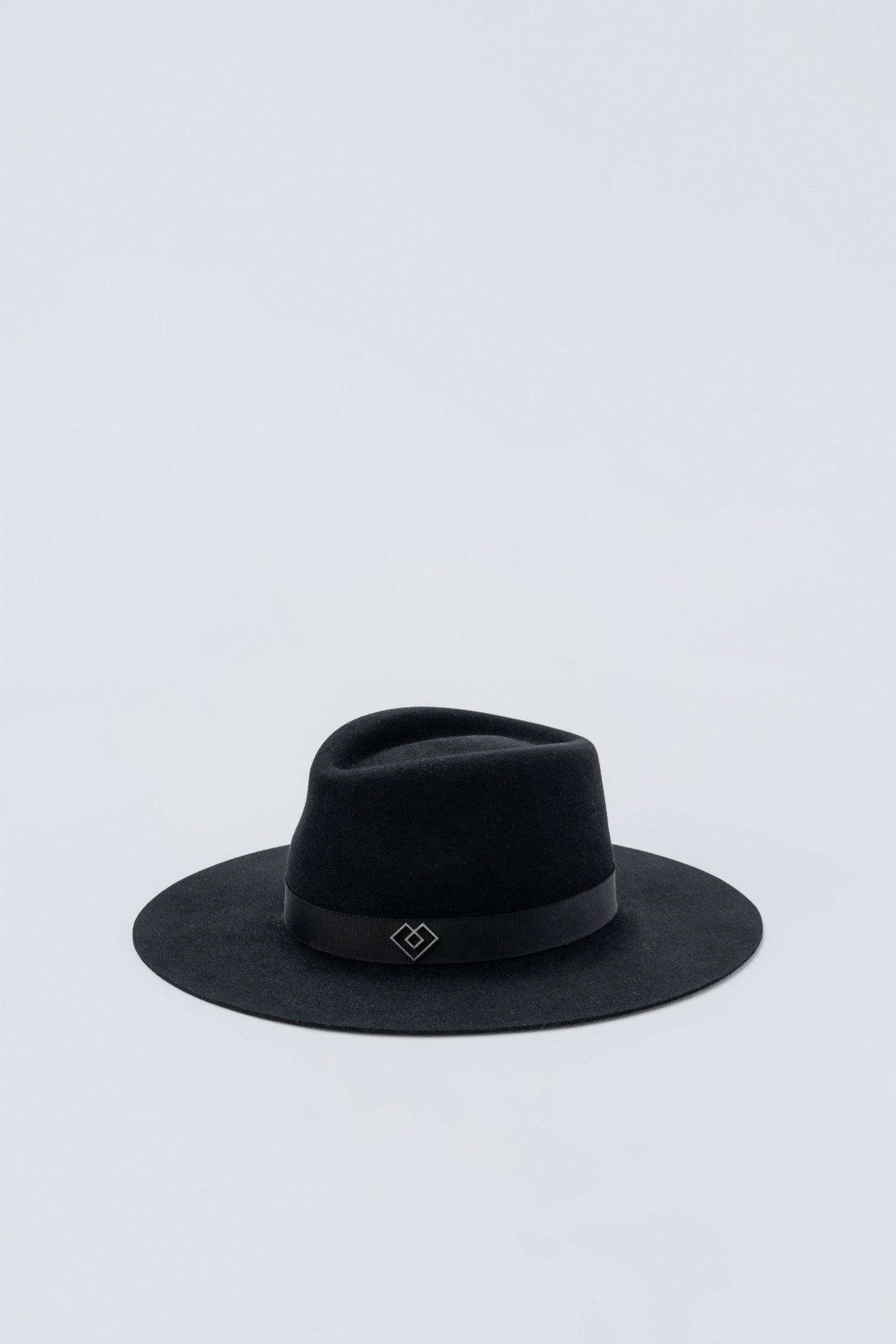 Monogram black fedora hat with a wide brim and leather band. Handcrafted rabbit fur felt for a luxurious touch. Shop now for a timeless classic.