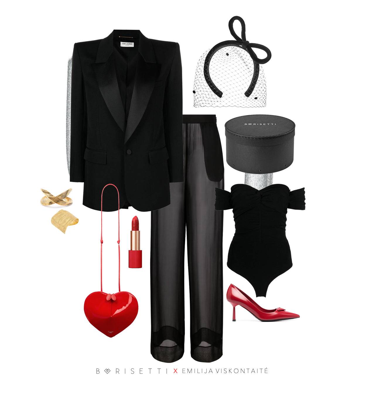 Fashion mood board featuring a black veiled headband, tailored blazer, sheer trousers, red heels, and accessories for a statement look.
