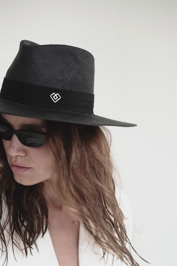 Close-up of a black fedora straw hat with a decorative band, worn with sunglasses for a stylish and sophisticated summer outfit.