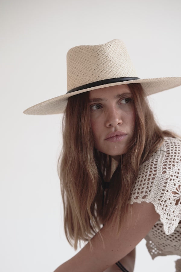 Close-up of a straw fedora hat with a leather strap, featuring a classic wide-brim design. Perfect for summer elegance and sun protection.