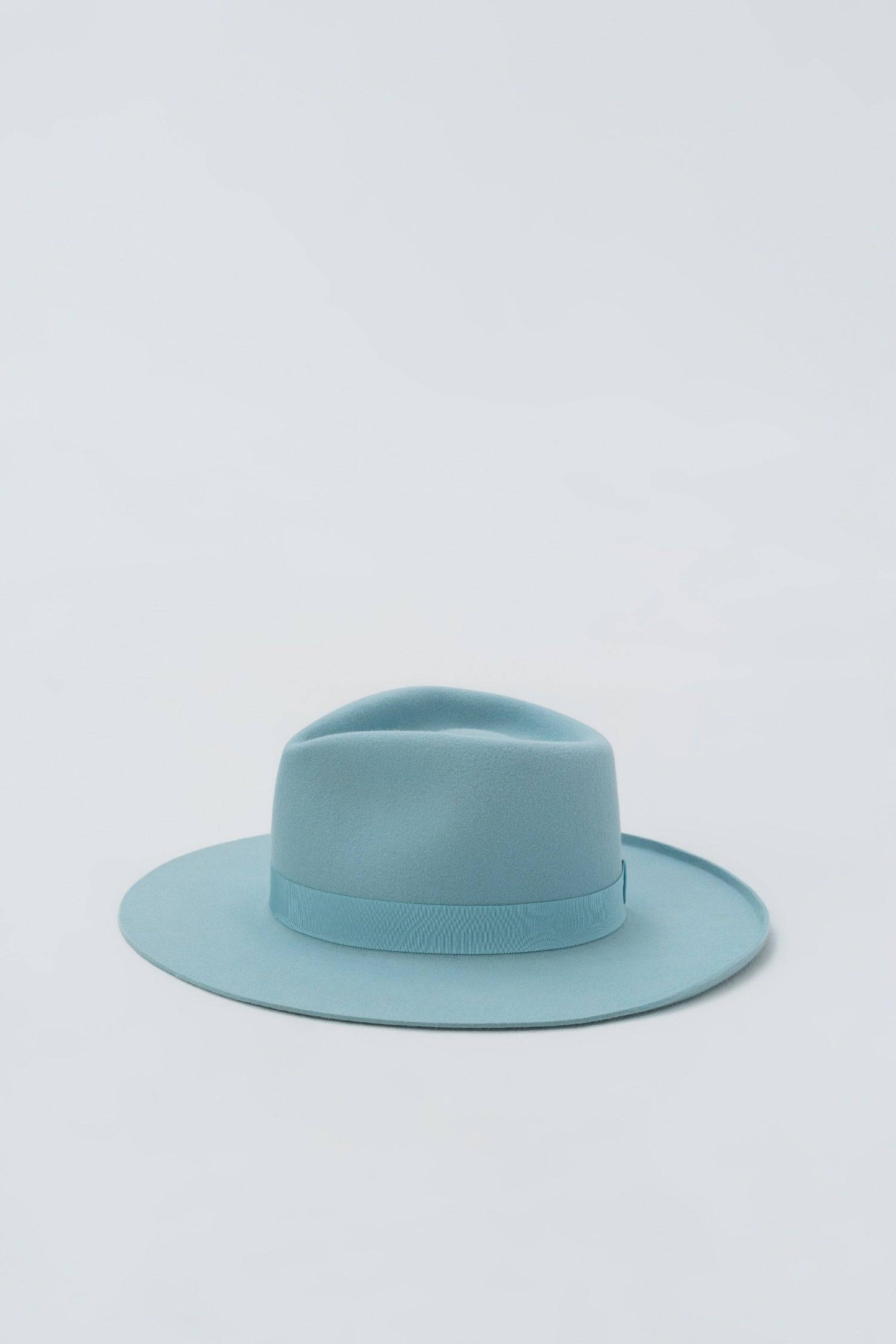Sky Blue Borisetti Fedora Hat displayed against a white background. Premium handcrafted rabbit fur hat, ideal for sophisticated fashion lovers.