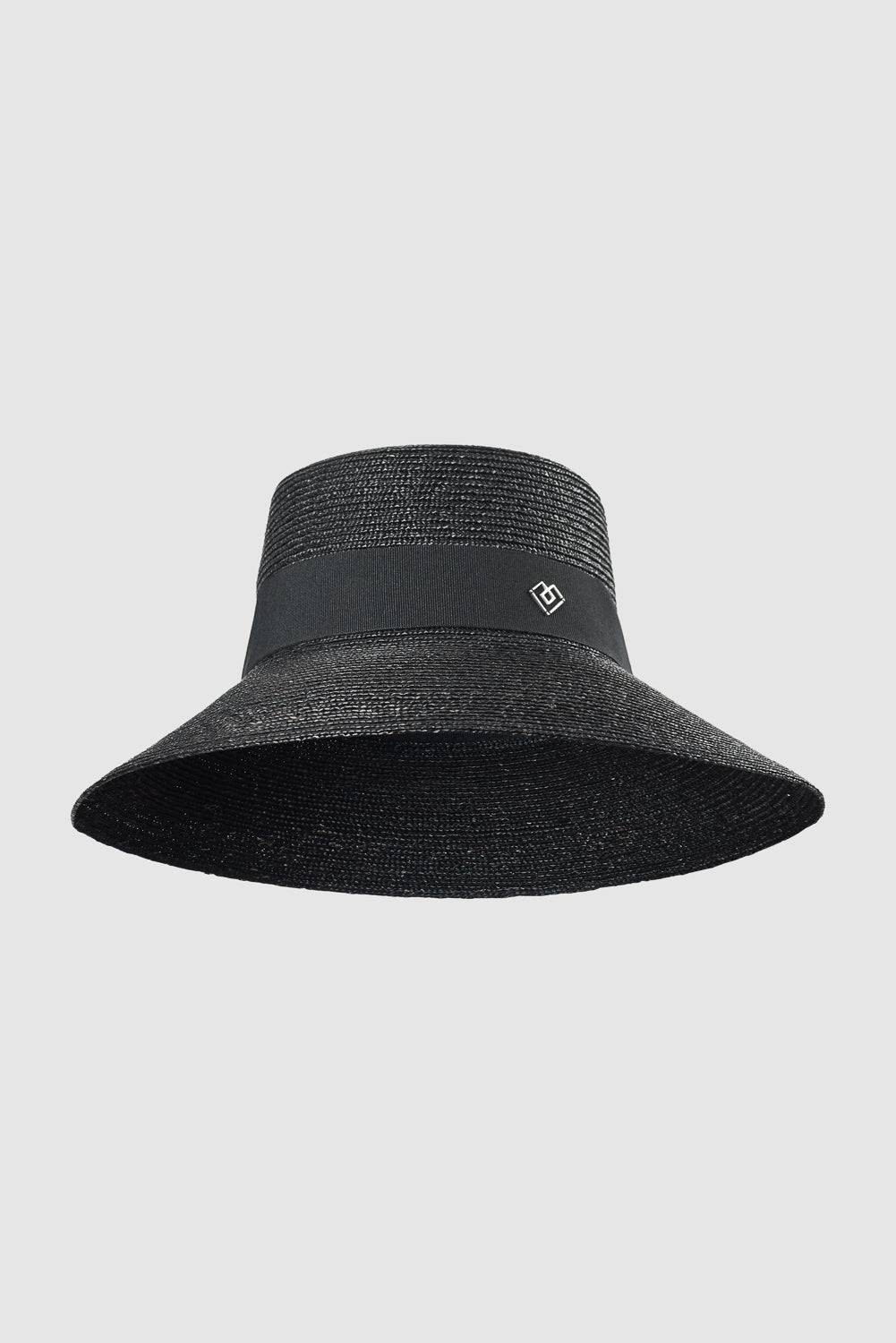 Neck tie wide brimmed black straw hat